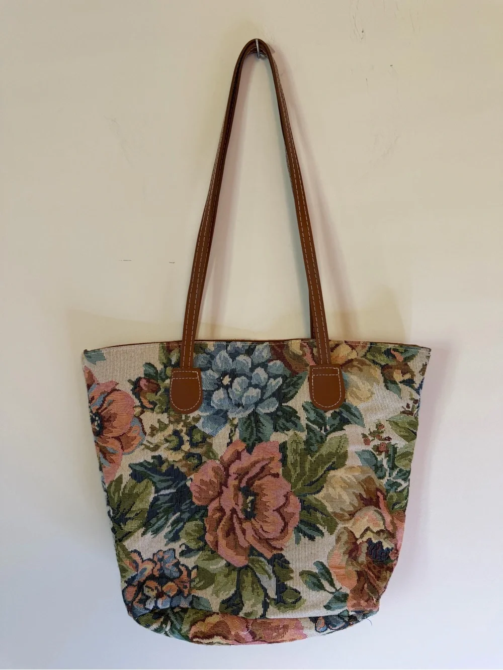 Floral Tapestry Tote Bag with Brown Handles cottagecore vibes
